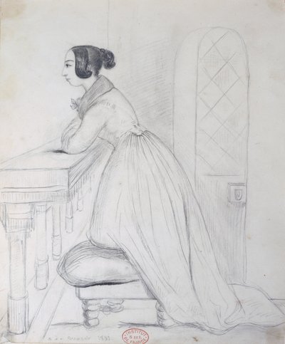George Sand kneeling on a pouffe and with her elbows on a balustrade by Alfred de Musset